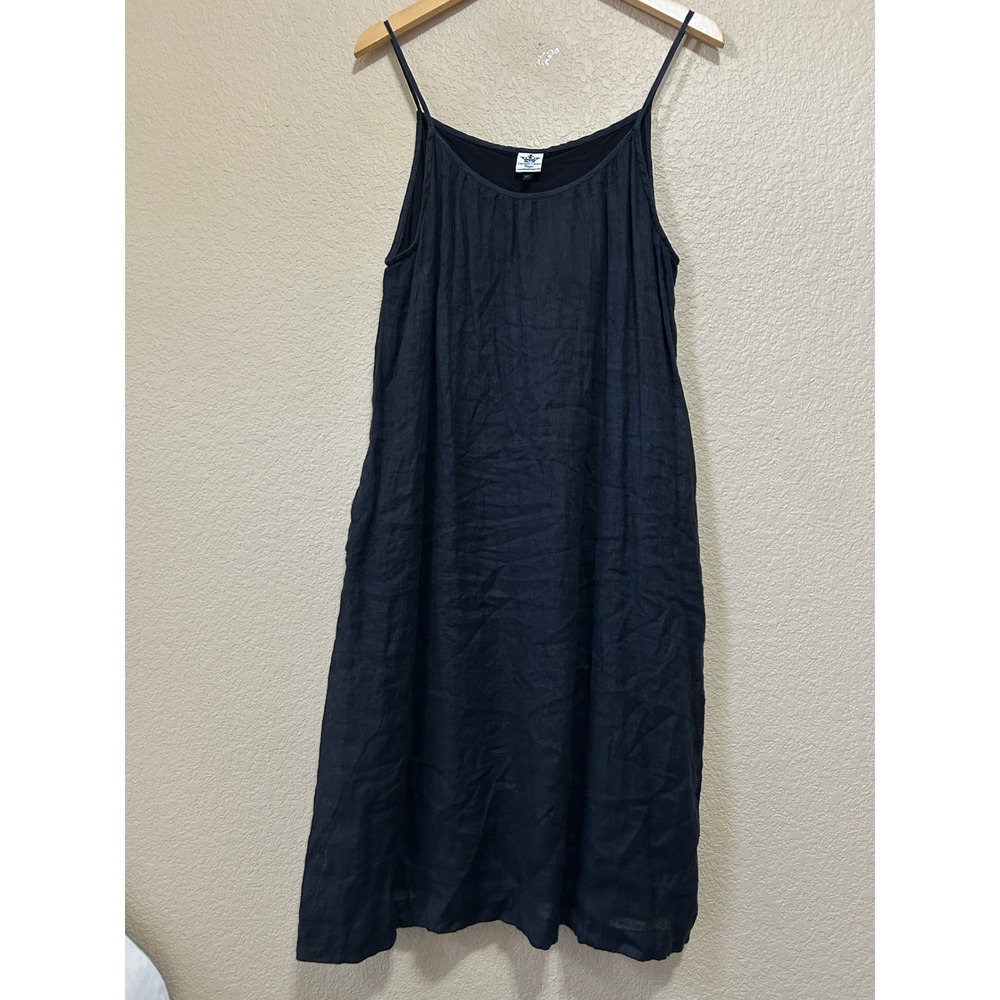 Crown Linen Designs XL European Linen Spaghetti Strap Dress Black Lagenlook